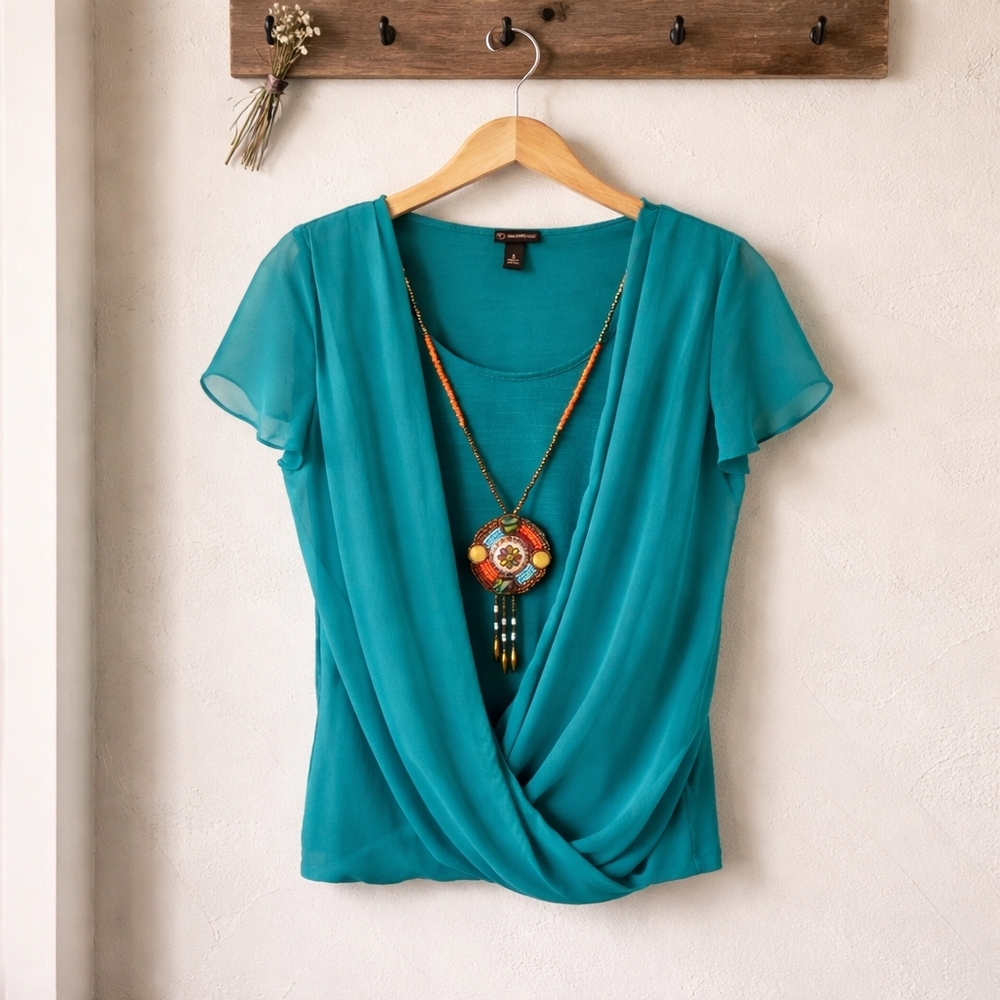 New Directions Teal Draped Short-Sleeve Blouse long beaded statement necklace Sm - Picture 6 of 15